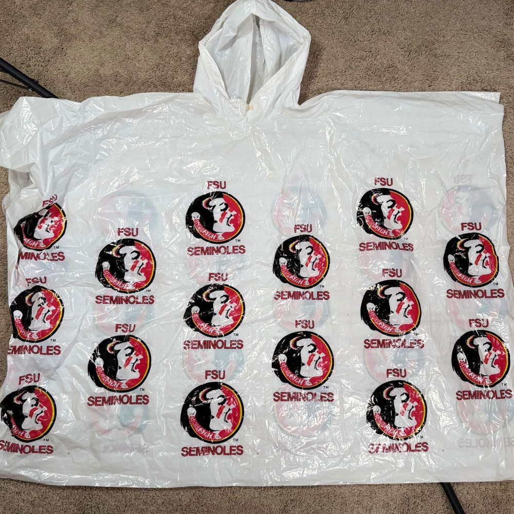 Florida State FSU Seminoles Vtg Rain Poncho White Hooded Plastic NCAA Fan Gear